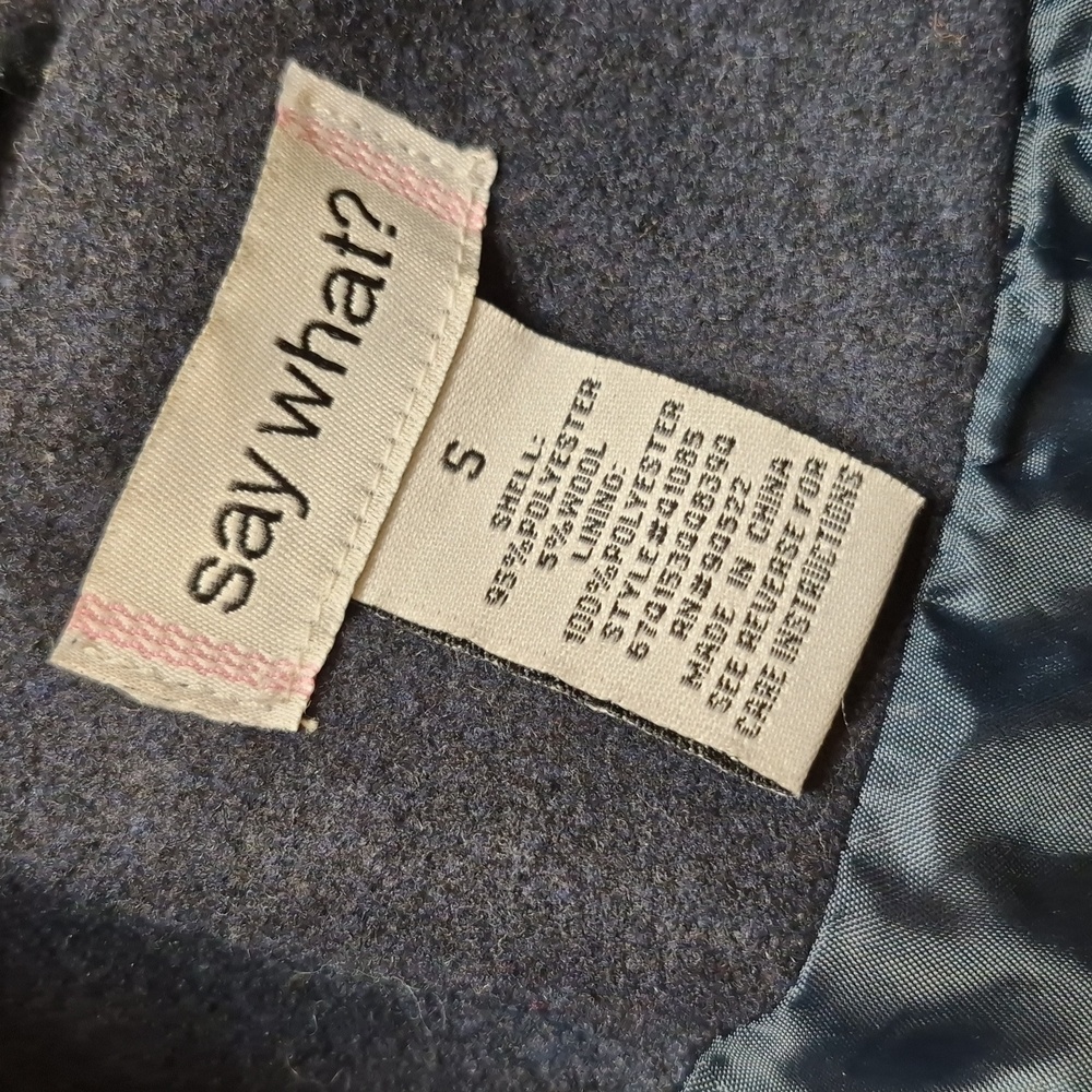 Say What? Navy Blue Ruffle Detail Puff Sleeve Wool Blend Lined Midi Coat, XS - Picture 6 of 11